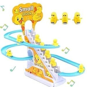 TEC TAVAKKAL Slide Toy Race Duck Track Set, Funny Automatic Stair-Climbing Ducklings Cartoon Roller Coaster Escalator Toy with Flashing Lights & Music