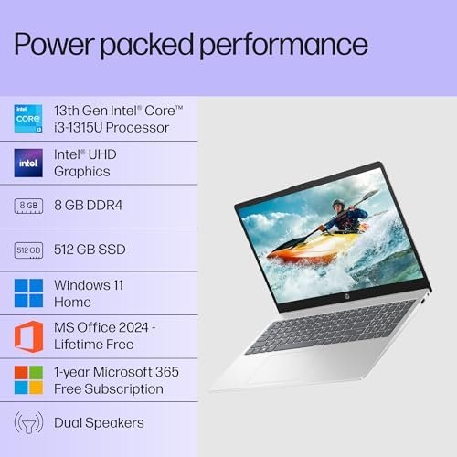 41bX8x2VJqL HP 15, 13th Gen Intel Core i3-1315U Laptop (8GB DDR4,512GB SSD) Anti-Glare, Micro-Edge,15.6 FHD, Win11,MS Office Home21, Silver,1.59kg, FHD Camera w/Privacy Shutter, fd0569TU