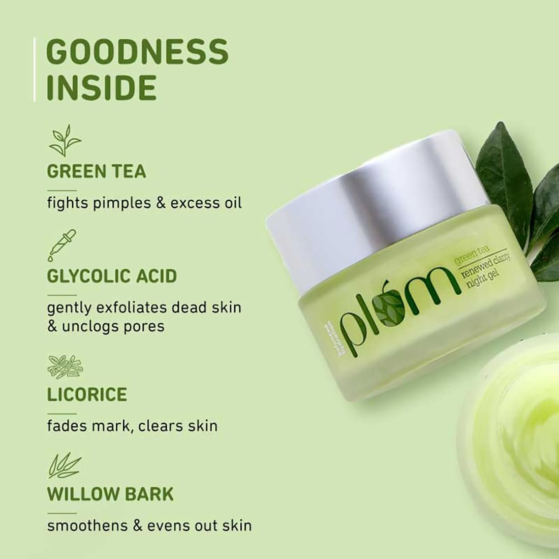 Plum Green Tea Renewed Clarity Night Gel Mini | Hydrates Skin & Fights Acne | Lightweight, Quick-Absorbing, Non-Sticky Gel Texture | Oily, Acne-Prone Skin | 100% Vegan(15ml)