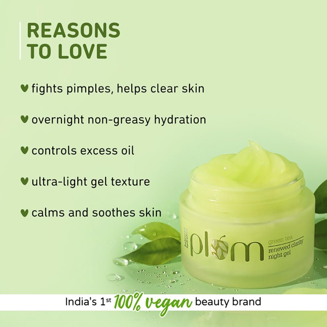 Plum Green Tea Renewed Clarity Night Gel Mini | Hydrates Skin & Fights Acne | Lightweight, Quick-Absorbing, Non-Sticky Gel Texture | Oily, Acne-Prone Skin | 100% Vegan(15ml)