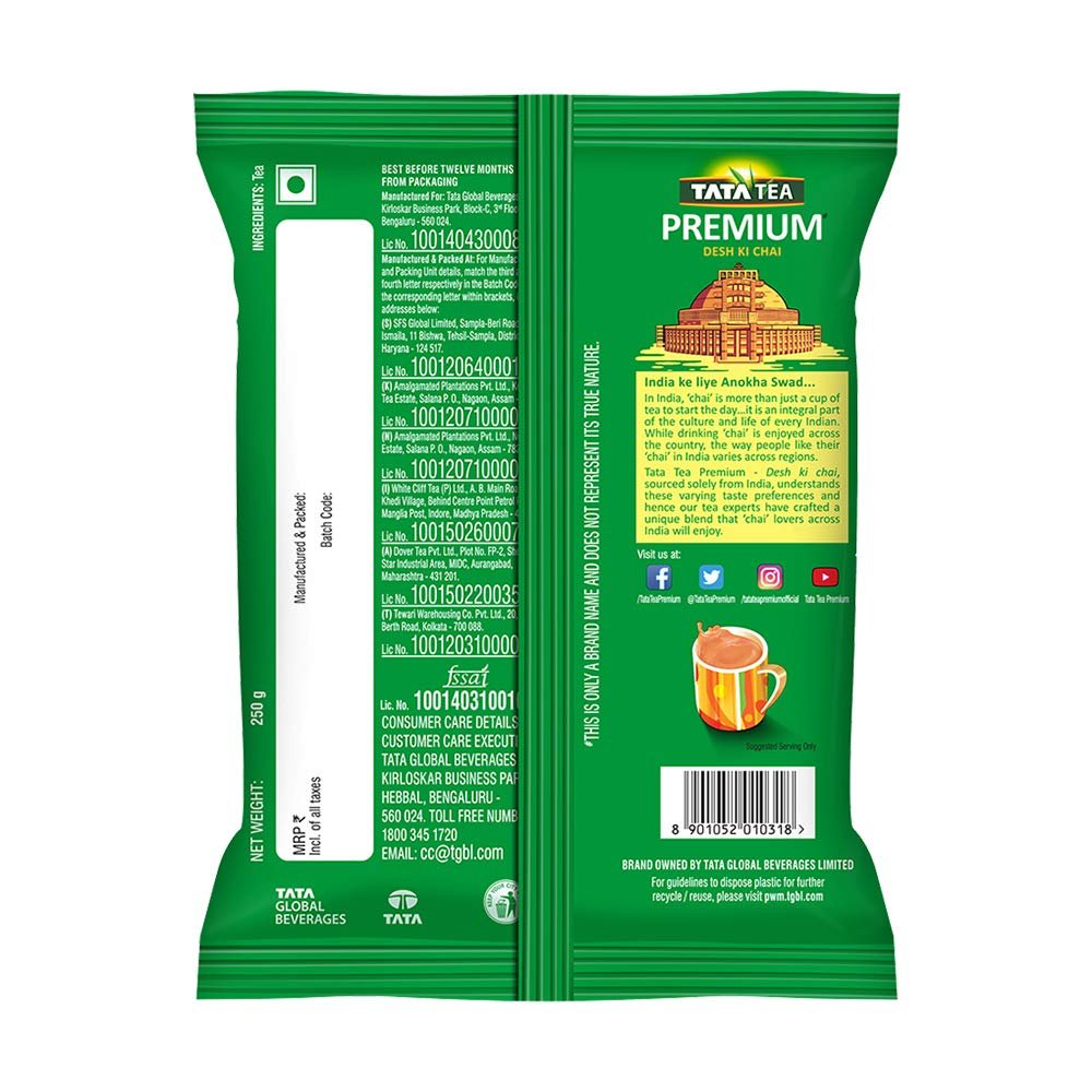 Tata Tea Premium Desh Ki Chai, Unique Blend Crafted For Chai Lovers Across India, Black Tea, Loose Leaves,250 gram, masala