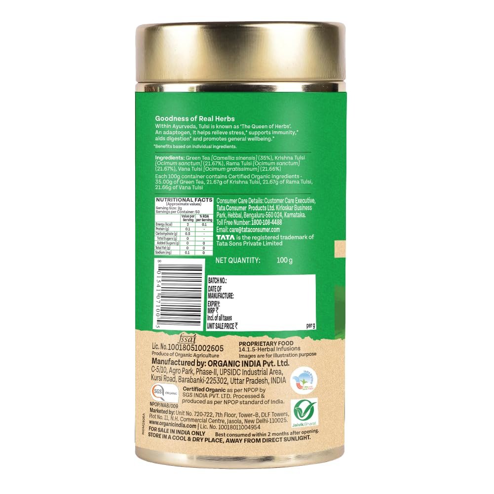 614cdV5y0cL. SL1001 A TATA Product – Organic India Tulsi Green Tea Classic Loose Leaves – 100g, Stress Relieving, Uplifts Mood, Rich in Antioxidants, Blend of Rama, Krishna & Vana Tulsi, Certified Organic