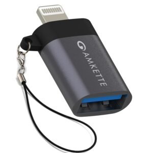 Amkette iConnect Mini Lightning to USB Adapter, Connect USB Drives, Keyboards, Mice to iPhone & iPad with Lightning OTG Adaptor, Plug & Play iPhone OTG Connector, Attached Lanyard, Geoforce 1016 Chip