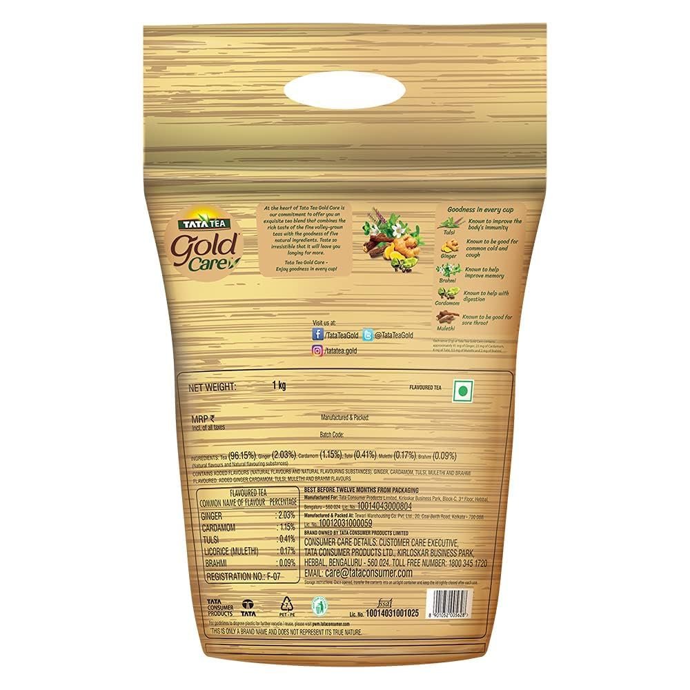 Tata Tea Gold Care 1kg, Rich in Taste, Goodness of Elaichi, Ginger, Tulsi, Brahmi & Mulethi, Black Tea, Loose Leaves