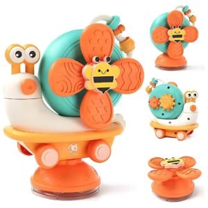 Storio 5-in-1 Baby Suction Spinner Toy, Interactive Learning Set with Rattle and Sensory Play, for 6+ Months Kids - Orange & Cream