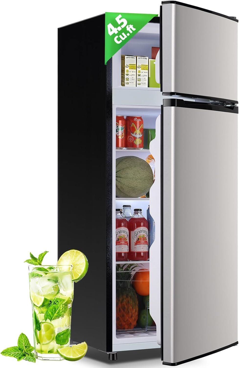 DEMULELR 4.5Cu.ft Refrigerator with Freezer Two Door Fridge with Removable Glass Shelves, Crisper Drawer & Extra Drink Space, LED Light, Apartment Size Fridge for Dorm Silver DEMULELR 4.5Cu.ft Refrigerator with Freezer Two Door Fridge with Removable Glass Shelves, Crisper Drawer & Extra Drink Space, LED Light, Apartment Size Fridge for Dorm Silver