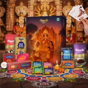 Happilo Premium Puja Diwali Gift Box with 14 inclusions | Gold Plated Charan Paduka | Playing Cards | Scented Candles | Date Delight, Dry Fruit Sweets, Kalash, Cotton Wick, Makhana, Panchmeva, Cranberries| Diwali Gift Hamper