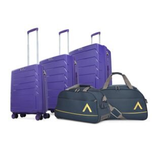 Aristocrat Chroma Active - S03 Set of 3 (Cabin+Medium+Large) Trolley Bag, Cm | Combination Lock | 8 Wheels | 7 Year International Warranty | Purple & Two Blue Aristocrat Cadet Duffles(DF & DFT)