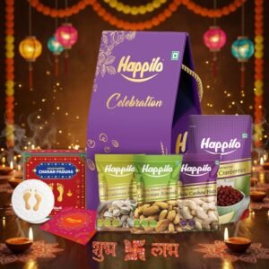 Happilo Premium Bhai Dooj Gift Box with 7 Inclusions | GOLD PLATED CHARAN PADUKA, Shubh Labh Décor, Almonds, Cashews, Pistachios, Chatpata Cranberries, Greeting Card, Dry Fruits SHUBH LABH Gift Hamper | Bhai Dooj Gift Set for Brother