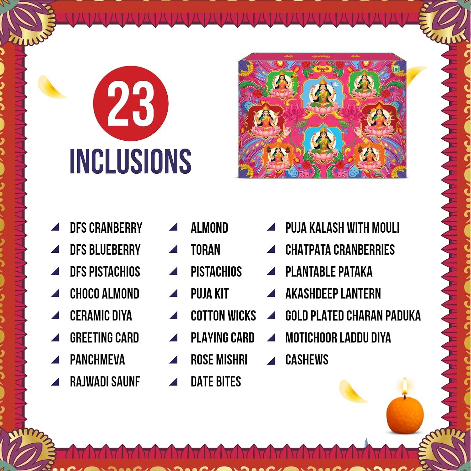 711H3UYg5iL. SL1500 Happilo Ashta Lakshmi Diwali Gift box with 23 Inclusions | Playing Cards | Scented Candle | Plantable Pataka | Gold Plated Charan Paduka | Dry Fruits | Panchmeva | Ceramic Diya | Rajwadi Saunf | Dry Fruit Sweets | Gift Hamper