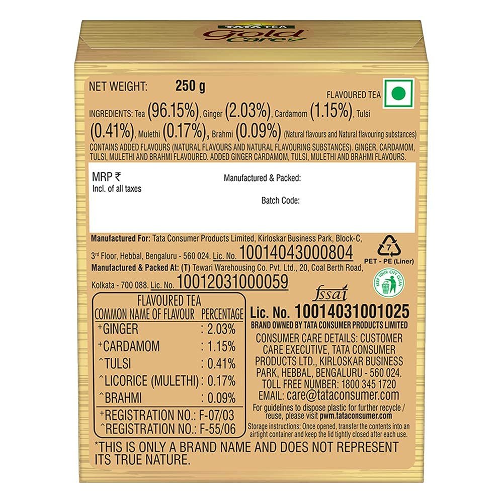 Tata Tea Gold Care 250 gram, Rich In Taste, Goodness Of Elaichi, Ginger, Tulsi, Brahmi & Mulethi, Black Tea