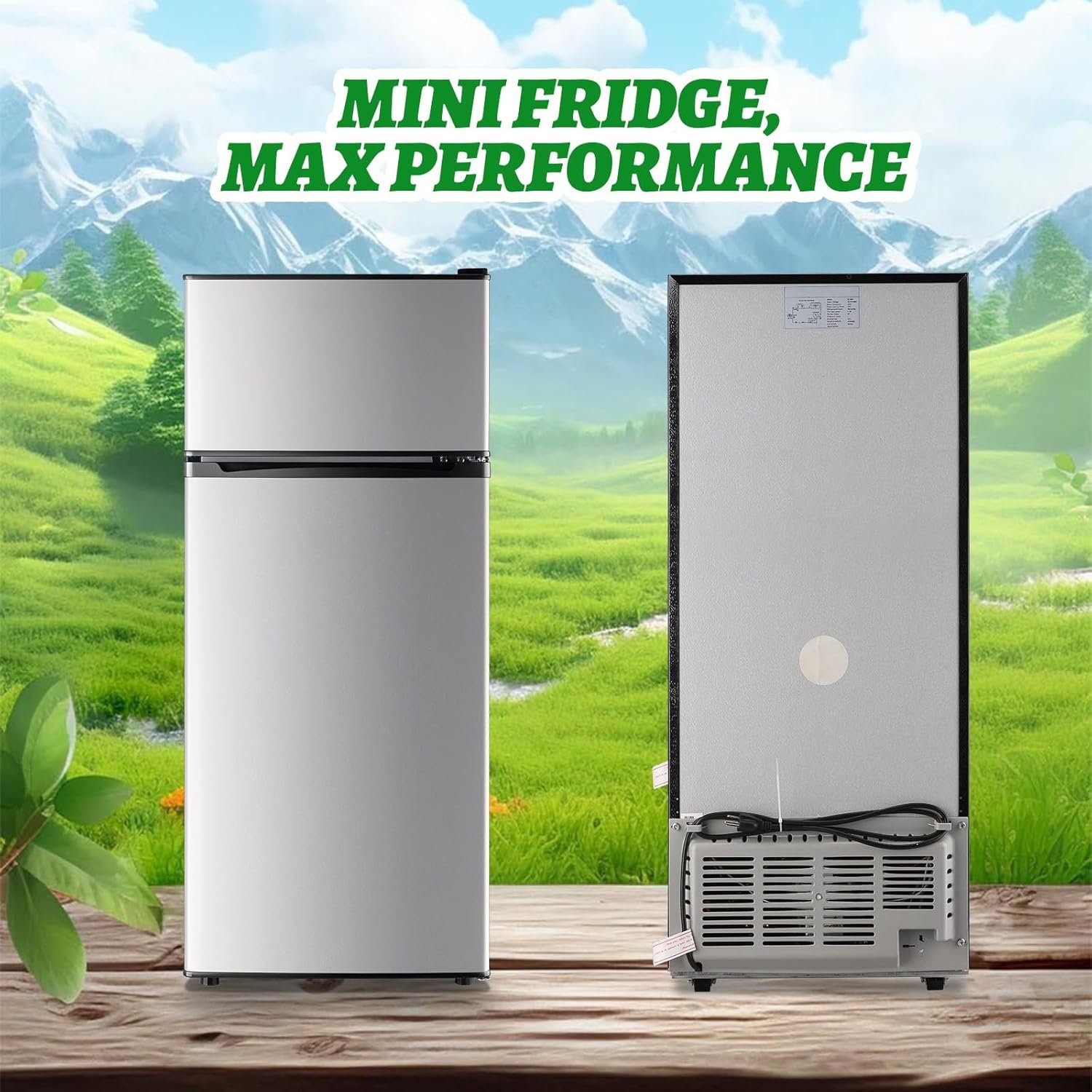 716QtE GsL. AC SL1500 DEMULELR 4.5Cu.ft Refrigerator with Freezer Two Door Fridge with Removable Glass Shelves, Crisper Drawer & Extra Drink Space, LED Light, Apartment Size Fridge for Dorm Silver