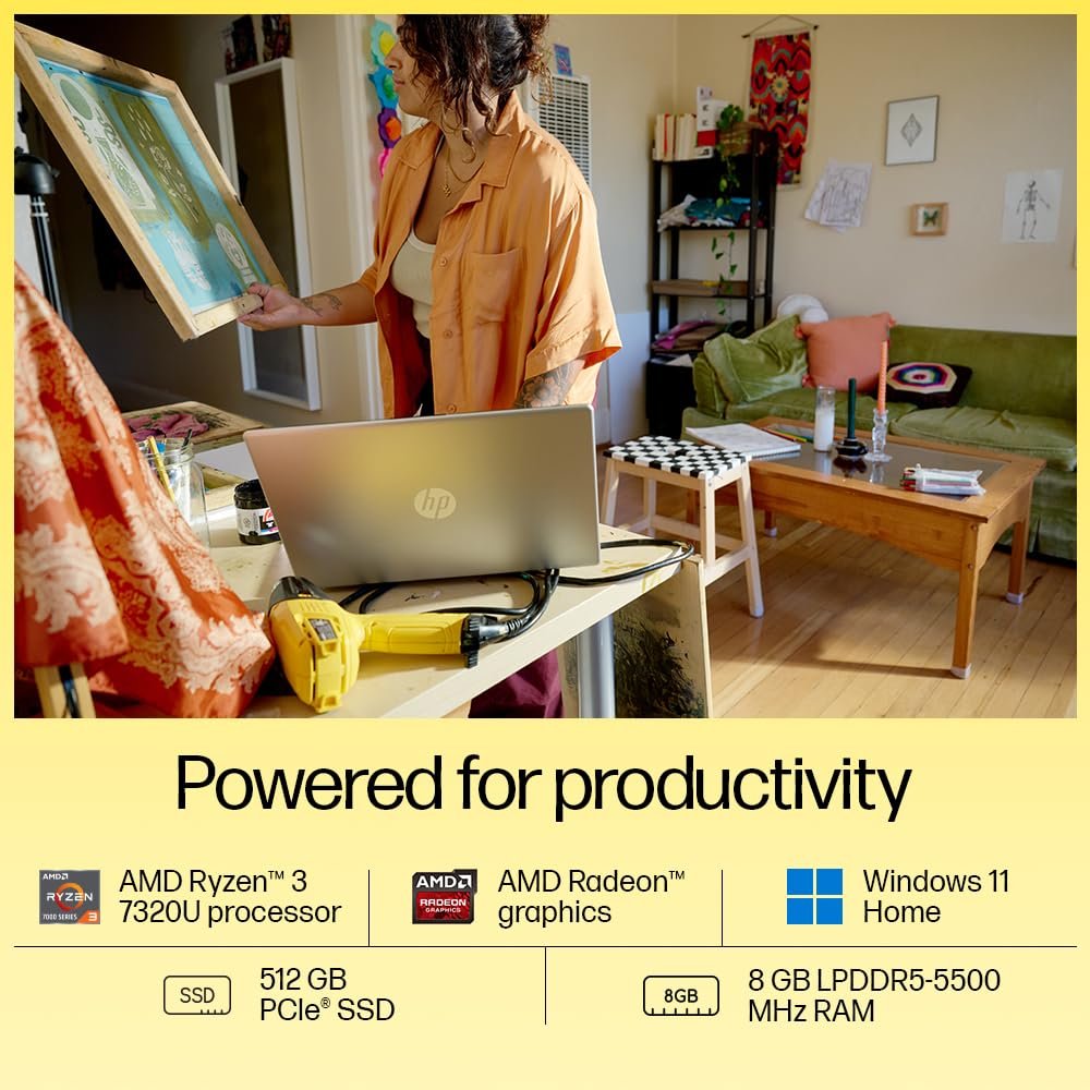 7175DGXBksL. SL1000 HP 15, AMD Ryzen 3 7320U (8GB LPDDR5, 512GB SSD) FHD, Anti-Glare, Micro-Edge, 15.6/39.6cm, Win 11, Office 21, Silver, 1.59kg, fc0154AU, AMD Radeon Graphics, 1080p FHD Camera Laptop