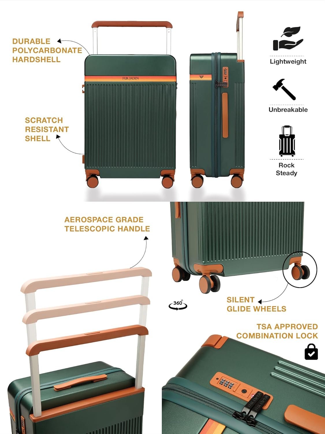 71ATWoszh0L. SL1500 FUR JADEN The Aviator 55cm German Polycarbonate Travel Luggage Cabin Suitcase with 8 StealthTech Silent Shock Absorbing Wheels, TSA Lock & Aerospace Grade Wide Trolley (Forest Green, Cabin 20)