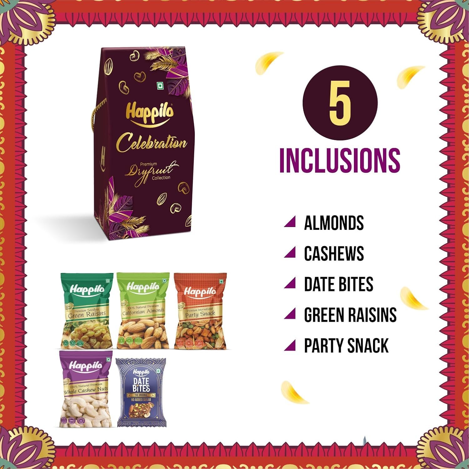 71c2yetw7bl. sl1500 Happilo Premium Bhai Dooj Gift Pack with 5 Inclusions | Almond, Cashew, Raisin, Date Bite, Party Snack, | Dry Fruits Gift Box | DOVE Bhai Dooj Gift Set for Brother