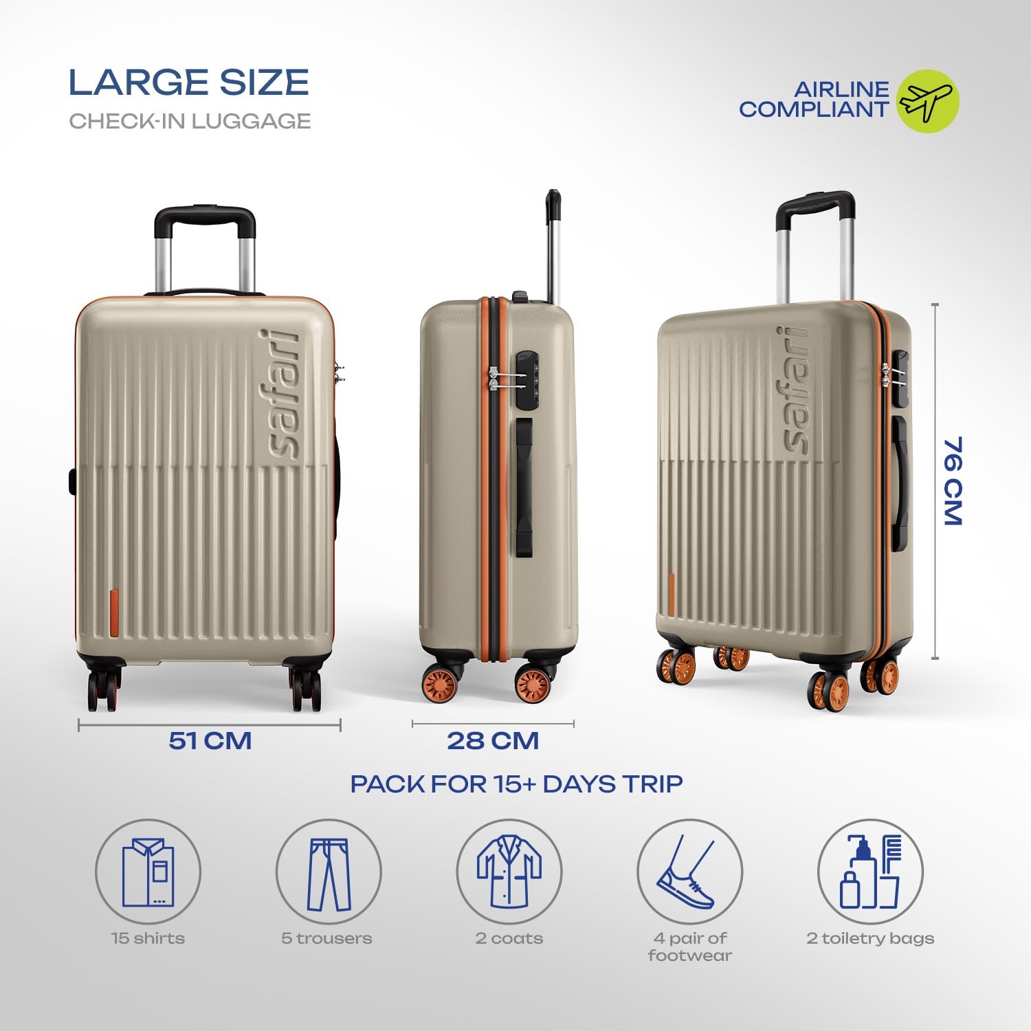 71CXgJn8UQL. SL1500 Safari Astra Neo 8 Wheels 76cm Large size Check-in Trolley Bag, Hard Case Polycarbonate, 360 Degree Wheeling Luggage for Men & Women, Travel Bag, Suitcase for Travel, Trolley Bag for Travel, Champagne