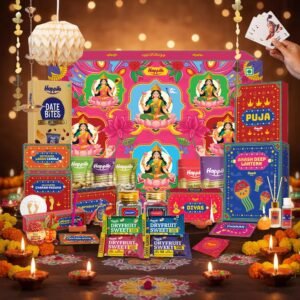 Happilo Ashta Lakshmi Diwali Gift box with 23 Inclusions | Playing Cards | Scented Candle | Plantable Pataka | Gold Plated Charan Paduka | Dry Fruits | Panchmeva | Ceramic Diya | Rajwadi Saunf | Dry Fruit Sweets | Gift Hamper