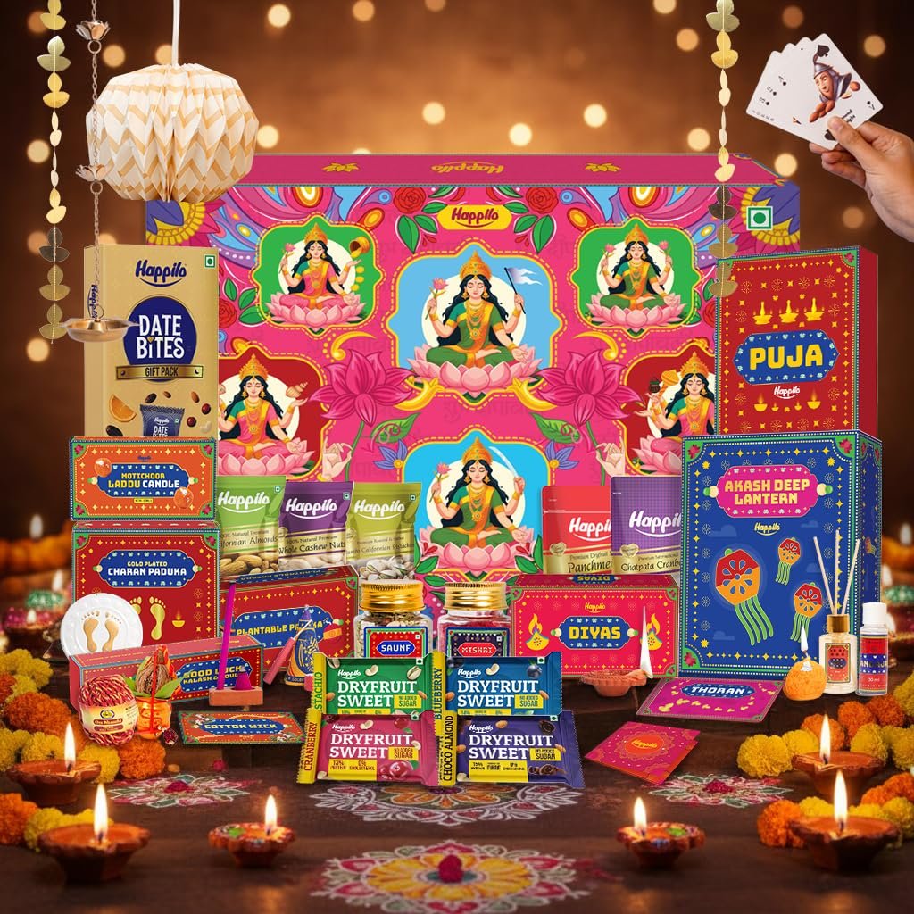 Happilo Ashta Lakshmi Diwali Gift box with 23 Inclusions | Playing Cards | Scented Candle | Plantable Pataka | Gold Plated Charan Paduka | Dry Fruits | Panchmeva | Ceramic Diya | Rajwadi Saunf | Dry Fruit Sweets | Gift Hamper Happilo Ashta Lakshmi Diwali Gift box with 23 Inclusions | Playing Cards | Scented Candle | Plantable Pataka | Gold Plated Charan Paduka | Dry Fruits | Panchmeva | Ceramic Diya | Rajwadi Saunf | Dry Fruit Sweets | Gift Hamper