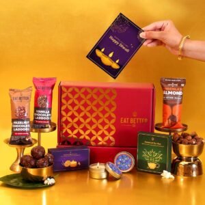 Tyohaar 7-Item Diwali Festive Hamper – Chocolate Coated Nuts, Dry Fruit Laddoos and Tin Candles | Corporate & Family Gifting