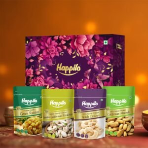 Happilo Premium Diwali Gift Pack with 10 Inclusions | Evil Eye Thread, Roli Chawal, Designer Plate, Mithai Candle, Pista, Almonds, Cashew, Raisins, Snack & Card, Dry Fruit ZEFA Gift Box