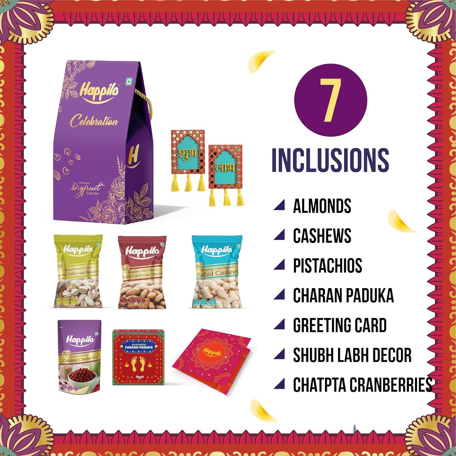 71Iyl8U6fWL. SL1500 Happilo Premium Bhai Dooj Gift Box with 7 Inclusions | GOLD PLATED CHARAN PADUKA, Shubh Labh Décor, Almonds, Cashews, Pistachios, Chatpata Cranberries, Greeting Card, Dry Fruits SHUBH LABH Gift Hamper | Bhai Dooj Gift Set for Brother