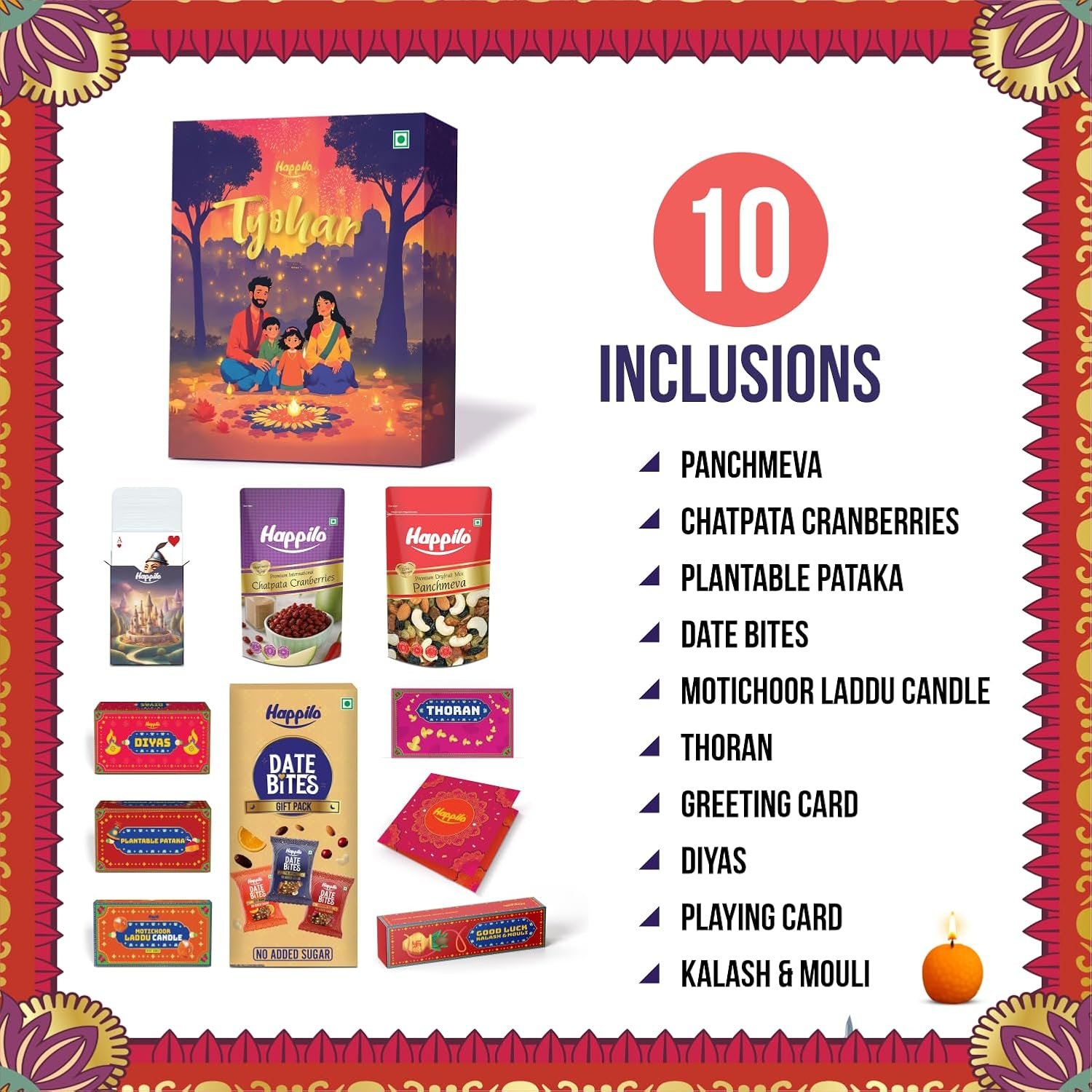 71XcaKBzS9L. SL1500 Happilo Tyohar Diwali Gift Box with 10 Inclusions | Scented Candles | Plantable Pataka | Playing Card | Kalash &Mouli | Panchmeva | Diyas | Greeting Card | Toran | Dry Fruits | Gift Hamper | Corporate Gifting