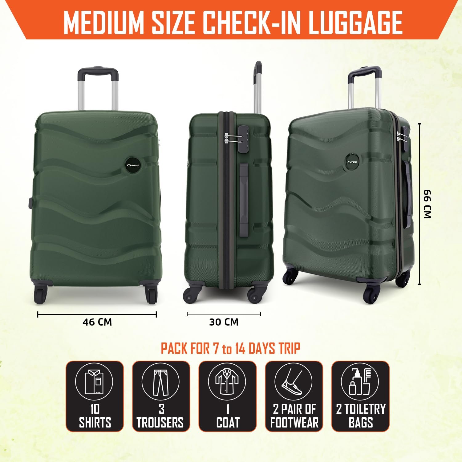 71bYxIf3HjL. SL1500 Safari Genius Fortis 66cm Medium Size Check-in Trolley Bag Hard Case Polycarbonate, 4 Spinner Wheels, 360 Degree Wheeling Luggage, Travel Bag, Suitcase for Travel, Trolley Bags for Travel, Green
