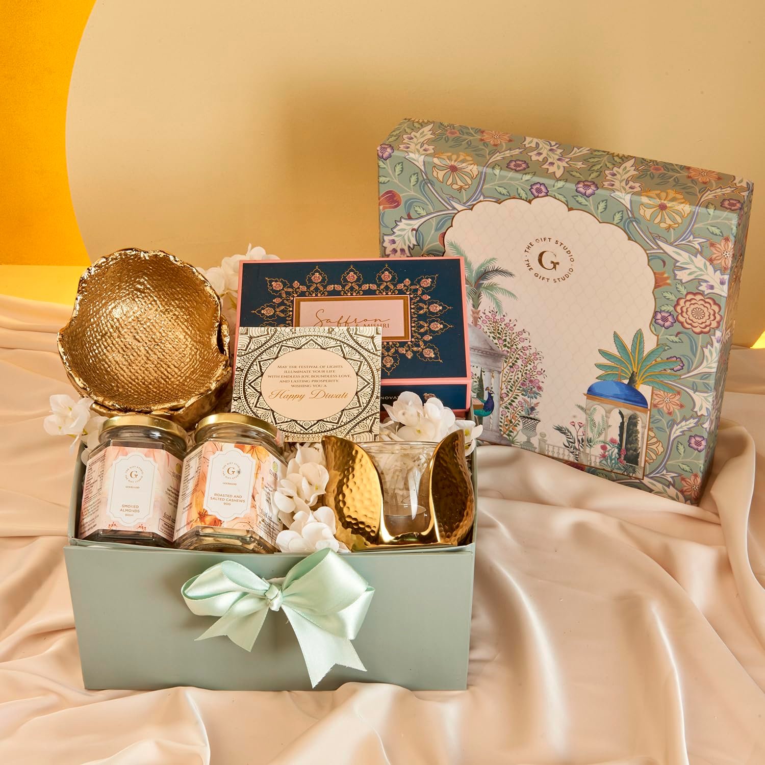 71jowdbrutl. sl1500 THE GIFT STUDIO.COM Diwali Gift Box Mindful Celebration | Festive Mughal Garden Box with Roasted Cashews, Smoked Almonds, Luxe Chocolates, Bowls Set & Tulip T-Light Holder | Premium Festive Hamper
