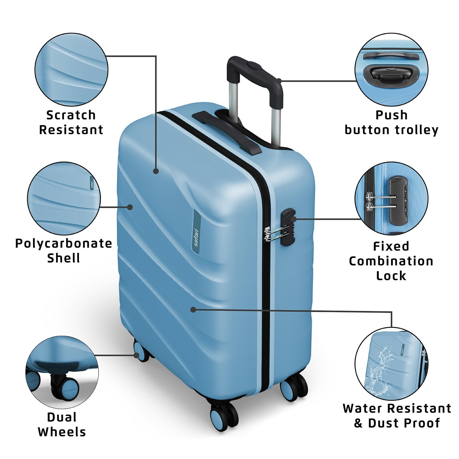 71oK XR0iL. SL1500 Safari Cabin Polycarbonate (Pc) Persia Hardside Small Size 4 Spinner Wheels Carry-On Luggage Pearl Blue Color 55Cm