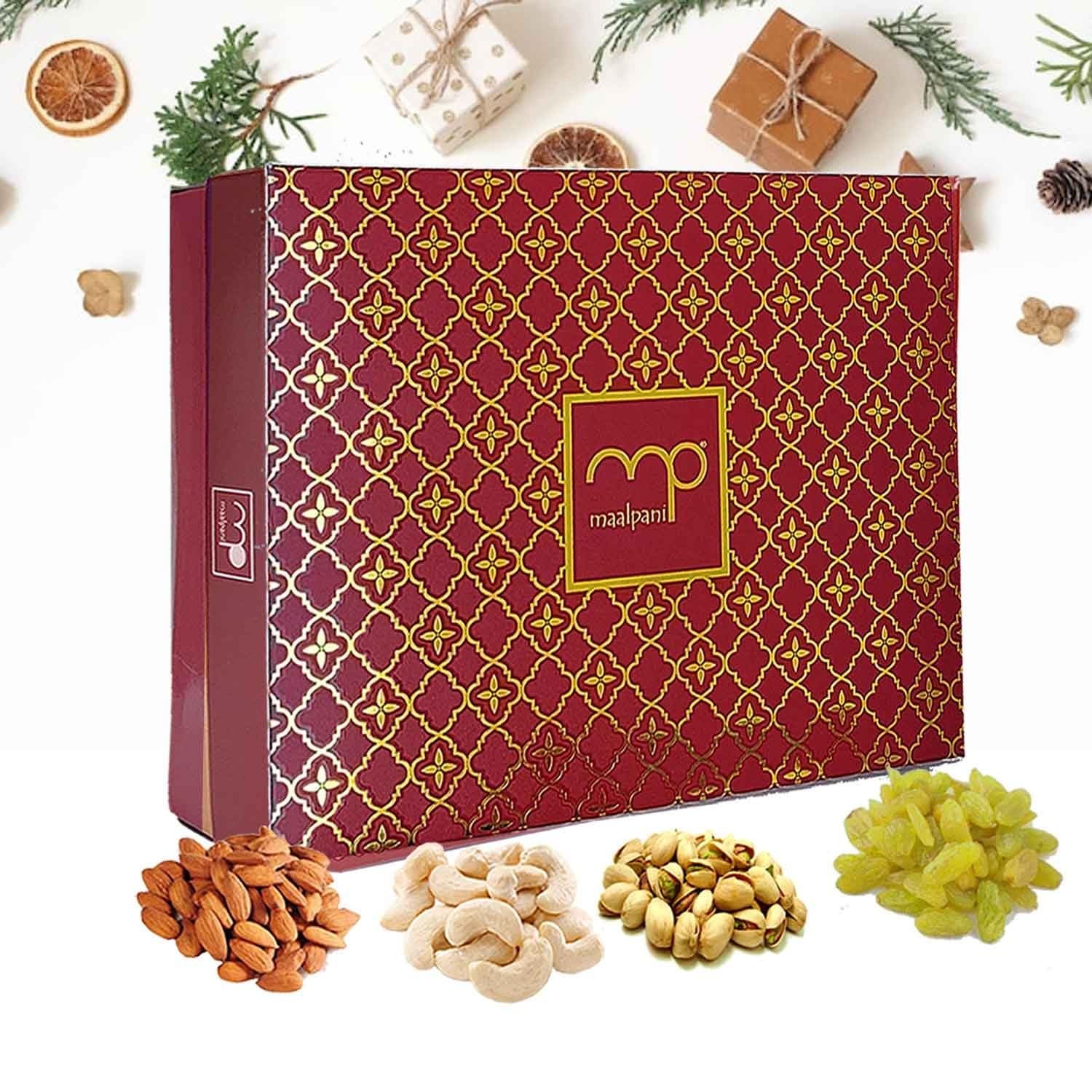 Maalpani Corporate Dry Fruits Gift Hamper Box, Gift Hamper Box Pack, Diwali Festival, 200g (50g Each Kaju, Badaam, Kishmish, Pista) Pack of 1, for Family/Friends/Office/Clients Maalpani Corporate Dry Fruits Gift Hamper Box, Gift Hamper Box Pack, Diwali Festival, 200g (50g Each Kaju, Badaam, Kishmish, Pista) Pack of 1, for Family/Friends/Office/Clients