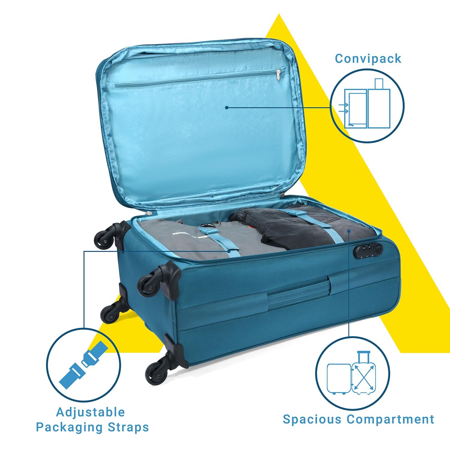 71yT1G V1xL. SL1500 Aristocrat Medium Skyway Size Soft Check in Spinner Luggage (69 Cm)|Spacious Polyester Trolley with 4 Wheels and Combination Lock|Dazzling Teal Blue|Unisex| 5 Year Warranty