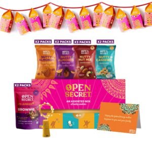 Open Secret Holi Gift Box | Combo of 15 | Dry Fruits Gift Box, Cookies, Brownie, Gift Hamper, Holi Gift Hampers, Gift Set, Corporate Gifts for Employees, Festive Lights, Card & Lantern