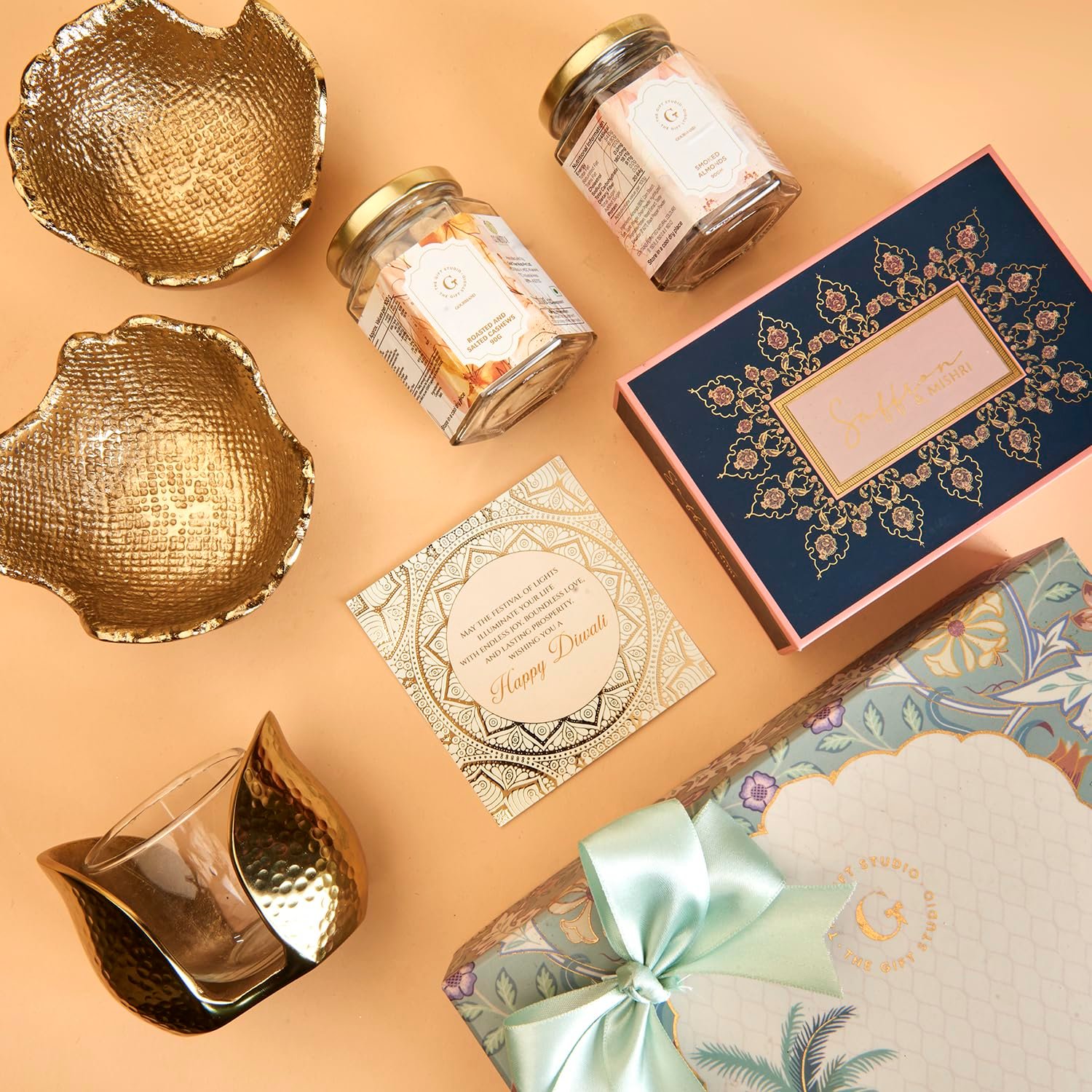 8156hb0aekl. sl1500 THE GIFT STUDIO.COM Diwali Gift Box Mindful Celebration | Festive Mughal Garden Box with Roasted Cashews, Smoked Almonds, Luxe Chocolates, Bowls Set & Tulip T-Light Holder | Premium Festive Hamper