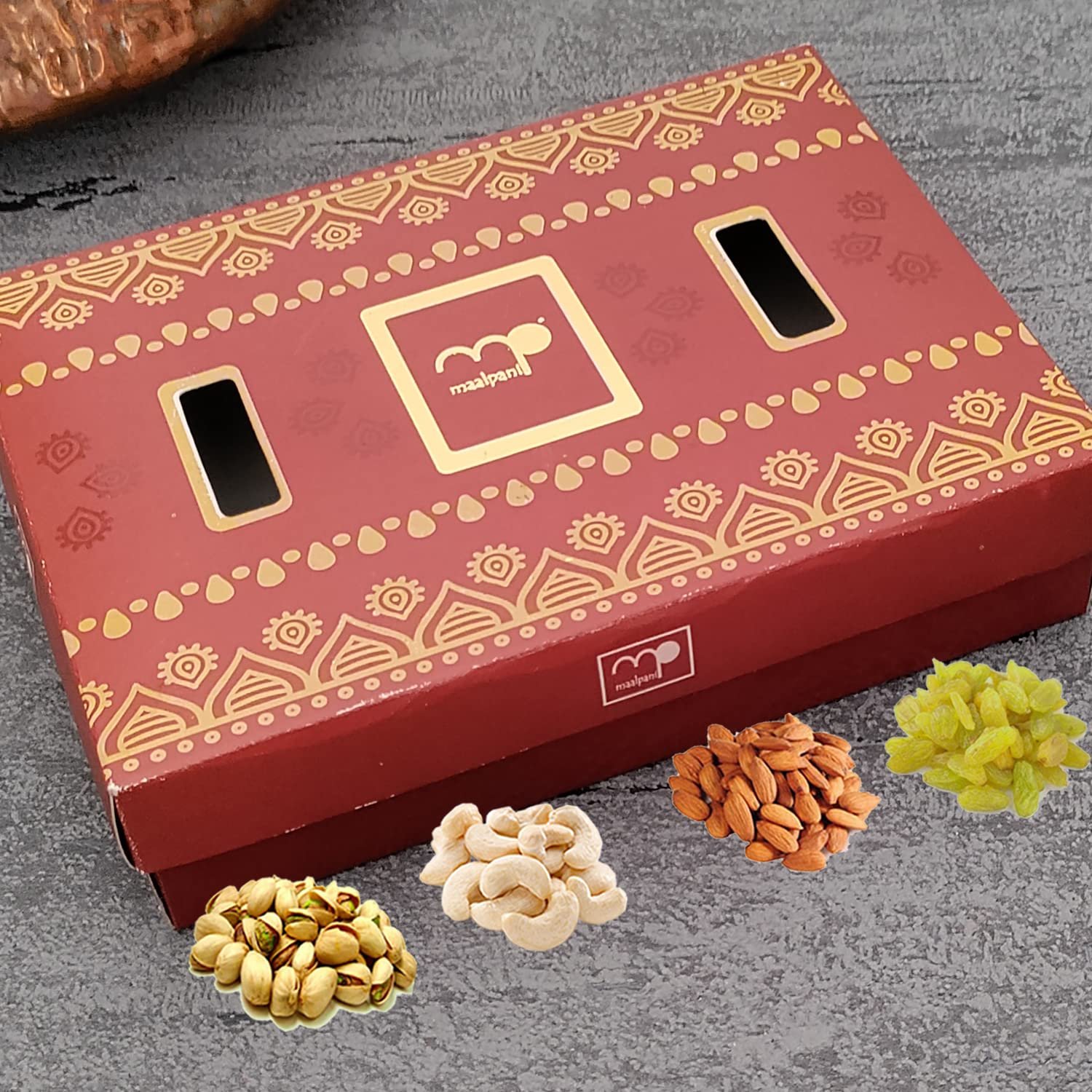 81izjjwejhl. sl1500 Maalpani Corporate Dry Fruits Gift Hamper Box, Gift Hamper Box Pack, Diwali Festival, 200g (50g Each Kaju, Badaam, Kishmish, Pista) Pack of 1, for Family/Friends/Office/Clients