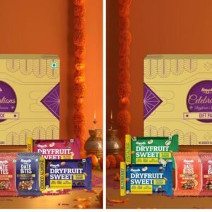 Happilo Premium Diwali Celebration Gift Box with 7 Inclusions | Dryfruit Sweets (Pistachio, Cranberry, Blueberry and Choco Almond) & Date Delight (Original, Cranberry and Orange) (Pack of 2)
