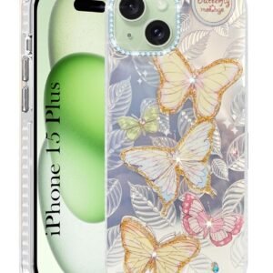 Jkobi Back Cover Case for Apple iPhone 15 Plus (Luxury Floral Glitter Cute Butterfly | Diamond Studded Camera Bump | Girls & Women Design)