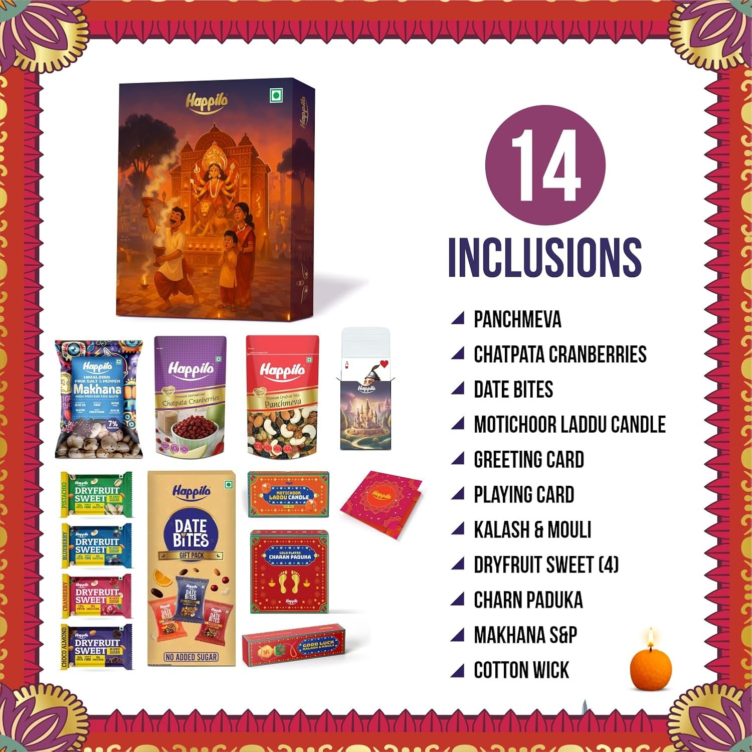 81QxZ5c16oL. SL1500 Happilo Premium Puja Diwali Gift Box with 14 inclusions | Gold Plated Charan Paduka | Playing Cards | Scented Candles | Date Delight, Dry Fruit Sweets, Kalash, Cotton Wick, Makhana, Panchmeva, Cranberries| Diwali Gift Hamper