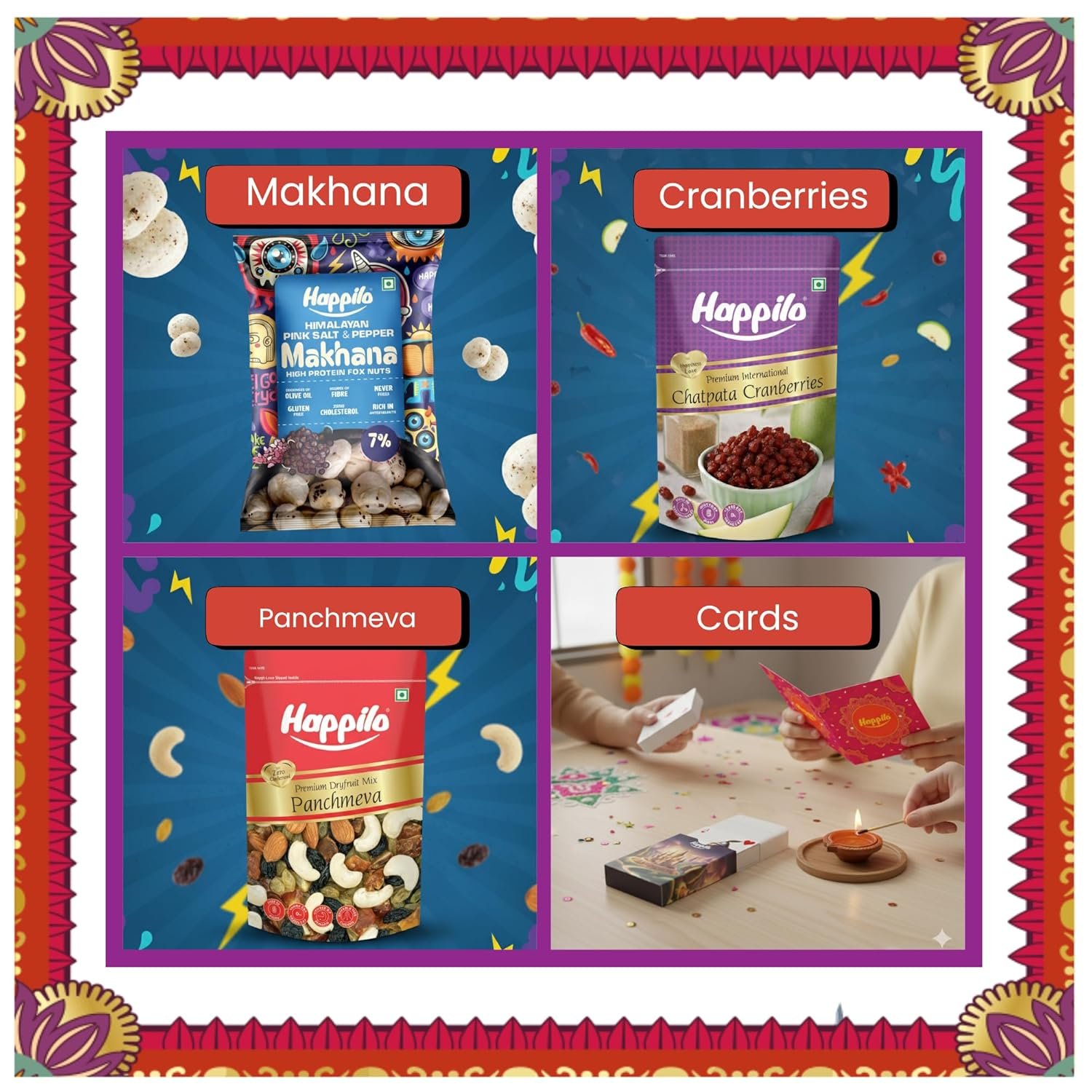 81UGYG5au5L. SL1500 Happilo Premium Puja Diwali Gift Box with 14 inclusions | Gold Plated Charan Paduka | Playing Cards | Scented Candles | Date Delight, Dry Fruit Sweets, Kalash, Cotton Wick, Makhana, Panchmeva, Cranberries| Diwali Gift Hamper