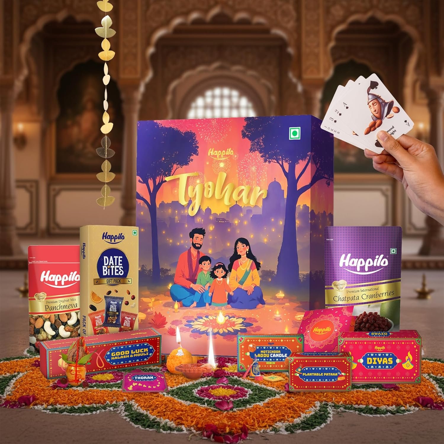 Happilo Tyohar Diwali Gift Box with 10 Inclusions | Scented Candles | Plantable Pataka | Playing Card | Kalash &Mouli | Panchmeva | Diyas | Greeting Card | Toran | Dry Fruits | Gift Hamper | Corporate Gifting Happilo Tyohar Diwali Gift Box with 10 Inclusions | Scented Candles | Plantable Pataka | Playing Card | Kalash &Mouli | Panchmeva | Diyas | Greeting Card | Toran | Dry Fruits | Gift Hamper | Corporate Gifting