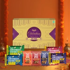 Happilo Premium Diwali Celebration Gift Box with 7 Inclusions | Dryfruit Sweets (Pistachio, Cranberry, Blueberry and Choco Almond) & Date Delight (Original, Cranberry and Orange)