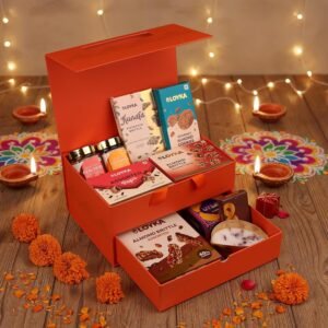 Loyka Diwali Sandook Diwali Gift Box 50 Inclusions Hamper | Gift Hamper with Almond Brittle, Kunafa Brittle Cookies, Dates, Dry Fruits, Pops & Decorative Rangoli Kit, Boat Urli Candle, Playing Cards