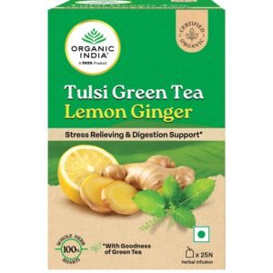 A TATA Product - Organic India Tulsi Green Tea Lemon Ginger - 25 Teabags, Herbal Blend with Green-Tea, Tulsi, Lemon & Ginger, Supports Digestion, Refreshing Taste, Natural Ingredients