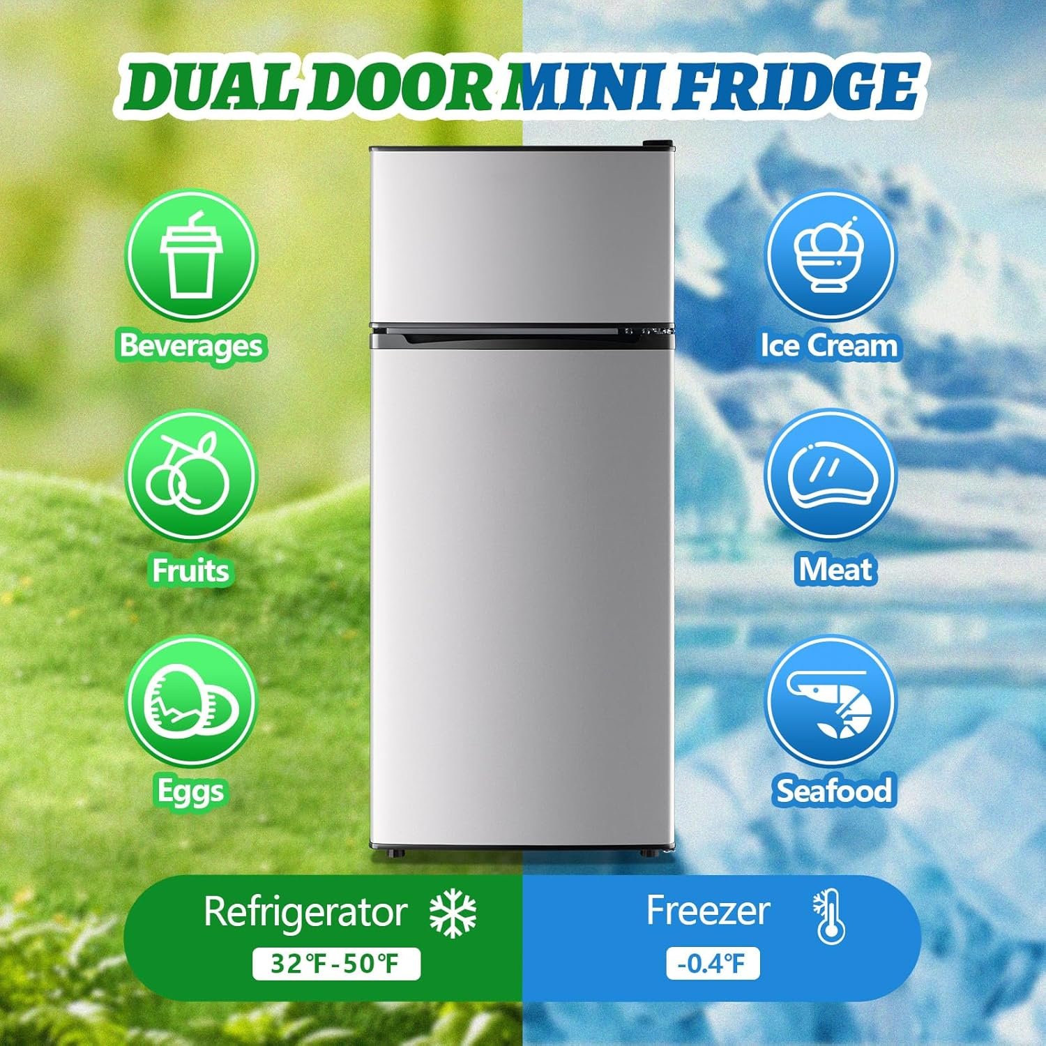 81rkDKAXy3L. AC SL1500 DEMULELR 4.5Cu.ft Refrigerator with Freezer Two Door Fridge with Removable Glass Shelves, Crisper Drawer & Extra Drink Space, LED Light, Apartment Size Fridge for Dorm Silver