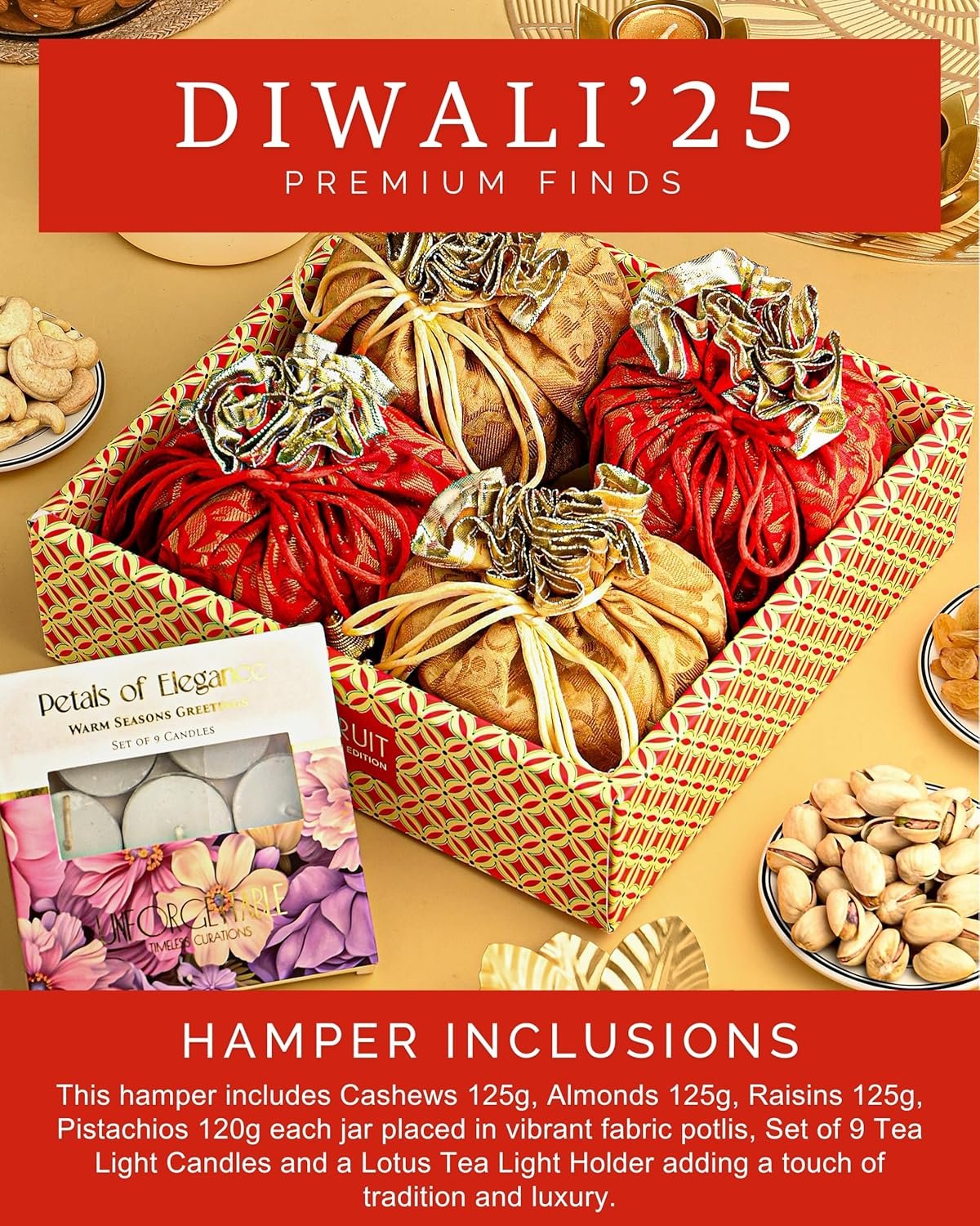 913eleegm1l. sl1500 HyperFoods® Diwali Gifts for Family and Friends DryFruit Combo Pack Rawfruits Handcrafted Potli Pack of 4 Almond Cashew Raisins Pistachios 495 Grams DryFruits Gift Box Diwali Gift Hamper