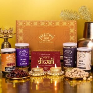 Healthy Treat Celebrations Diwali Gift Hamper | Roasted Snacks & Berries Gift Box with Brass Diyas & Diwali Greeting Card | Diwali's Gift Hampers | Wholesome Corporate Gifting | Healthy Snacks Deepawali Gift Hamper for Gifting