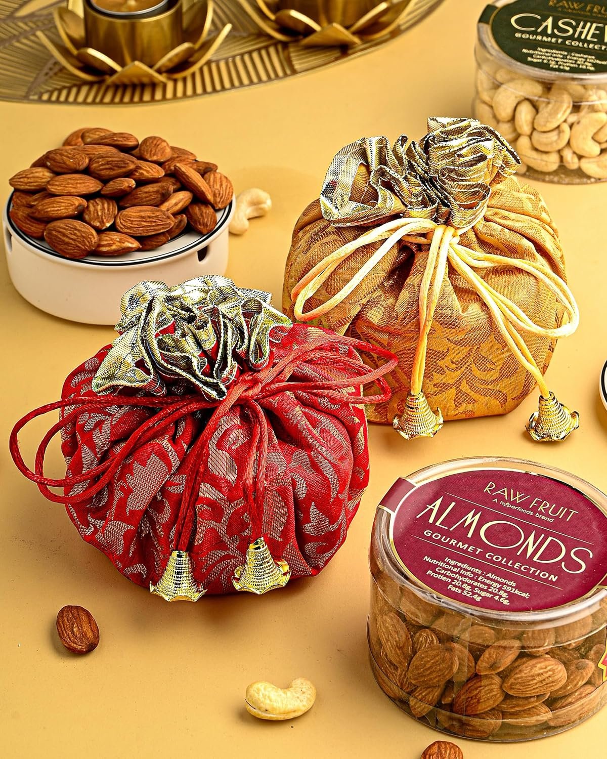 91nodzmdwcl. sl1500 HyperFoods® Diwali Gifts for Family and Friends DryFruit Combo Pack Rawfruits Handcrafted Potli Pack of 4 Almond Cashew Raisins Pistachios 495 Grams DryFruits Gift Box Diwali Gift Hamper