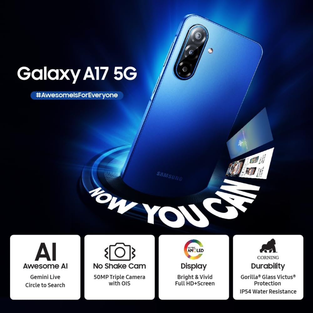 61rexwmycpl. sl1000 1762508956 5720 Samsung Galaxy A17 5G (Gray, 8GB RAM, 128GB Storage) | with Travel Adapter | 50 MP No Shake Camera | Gemini Live | Circle to Search | Super AMOLED | Corning Gorilla Glass Victus | 7.5mm Sleek | AI