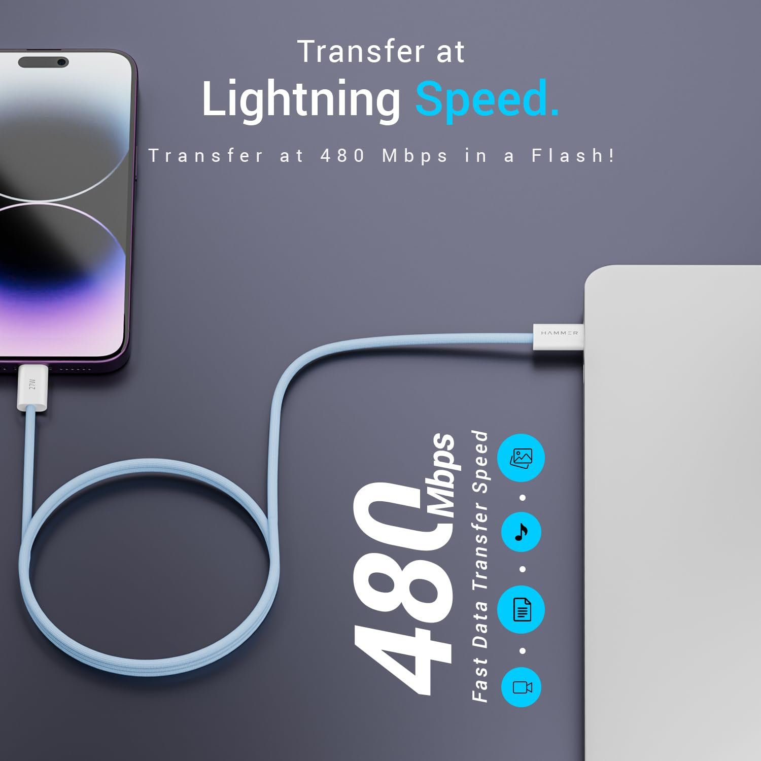 61ykaqwshbl. sl1500 HAMMER 27W Type-C to Lightning 8 Pin Nylon Braided Cable, 27W Fast Charging, 480Mbps High Speed Data Transfer & Durable Tangle Free Design, Compatible with iPhone, iPad, iMac, AirPods, 1.2M (Blue)