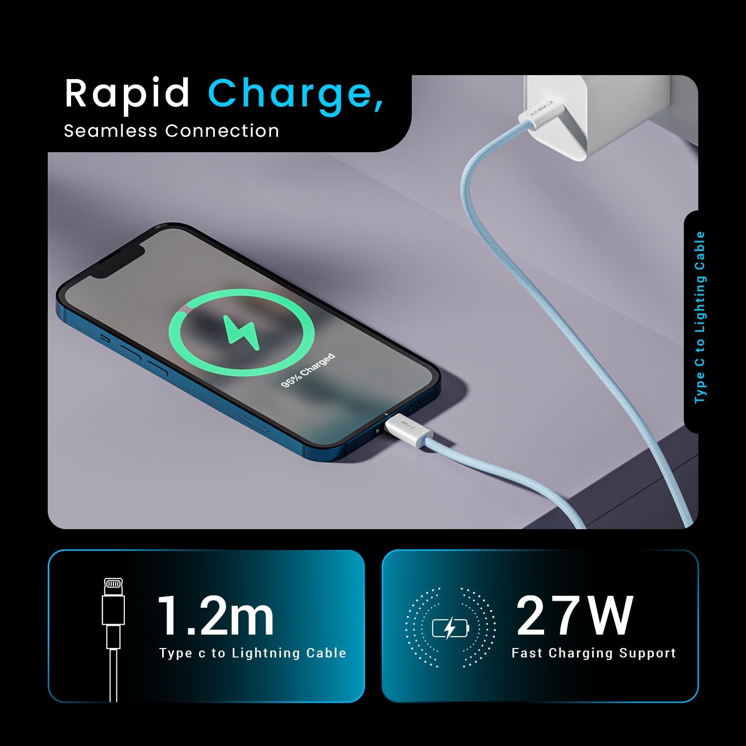 61c8parmq1l. sl1500 HAMMER 27W Type-C to Lightning 8 Pin Nylon Braided Cable, 27W Fast Charging, 480Mbps High Speed Data Transfer & Durable Tangle Free Design, Compatible with iPhone, iPad, iMac, AirPods, 1.2M (Blue)
