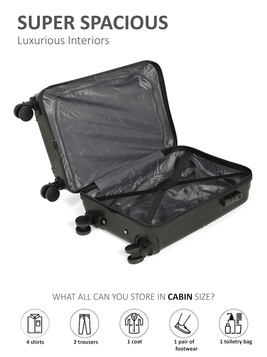 61soz5jxsfl. sl1440 Teakwood Small Size 8 Wheels Trolley Bag, Hard Cabin with Zipper Closure, Adjustable Push Button & Cross Side Strap, Number Lock System 360 Degree (Small, Black)